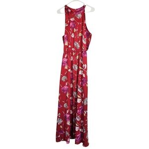 Banana Republic Dress‎ Womens Large Red Floral Maxi Sleeveless Tie Neck Summer